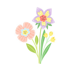 Smiling Flowers on Stalk with Petal and Green Leaf Vector Illustration