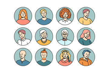 Set of headshot avatars of people of different ages and genders. Head portraits of men and women faces. Collection of young and old generation persons. Diversity. Vector illustration.  - obrazy, fototapety, plakaty