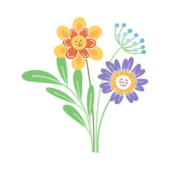 Smiling Flowers on Stalk with Petal and Green Leaf Vector Illustration