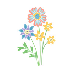 Smiling Flowers with Petal on Green Stem with Leaf Vector Illustration