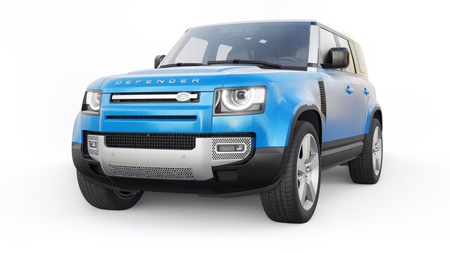 Tula, Russia. February 16, 2022: Land Rover Defender 2020. Blue Expedition SUV for rural areas and outdoor activities. 3d render