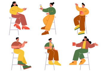 Fototapeta na wymiar People drinking wine, dating, celebrate party. Isolated male and female characters holding wineglasses sit on high chairs in bar communicate, drink alcohol Linear cartoon flat vector illustration, set
