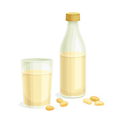Soy Milk from Edible Seed of Legume Plant Poured in Glass Bottle Vector Illustration