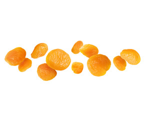 Delicious dried apricots in the air on a white background