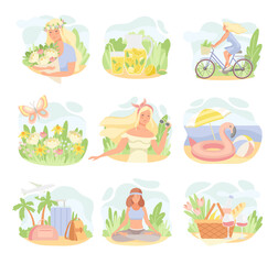 Summer Composition with Blooming Flower, Beach and Picnic Basket Vector Set
