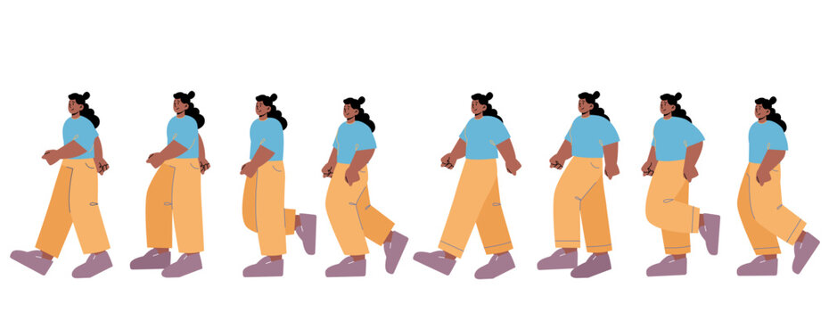 Woman walk animation, sequence cycle for game. Pictures frame with african girl teenager walking, going motion sprite sheet. Passerby, pedestrian movement, Cartoon flat vector line art illustration