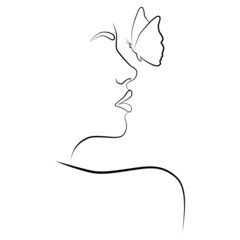 A woman's face with a butterfly composition. Hand-drawn vector linear illustration. Drawing in the style of a single line. Portrait.