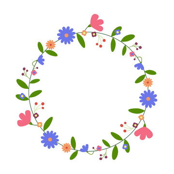 Round floral frame. Circular flower wreath. For greeting card, wedding , birthday card, invitation. Vector illustration.