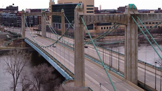 Aerial, Hennepin Avenue Bridge in Minneapolis. Little traffic driving during pandemic