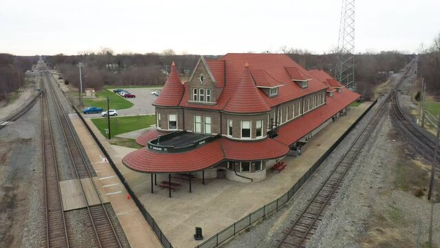 Durand, Michigan antique train depot with drone video pulling out.