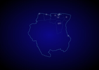 Suriname concept vector map with glowing cities, map of Suriname suitable for technology,innovation or internet concepts.