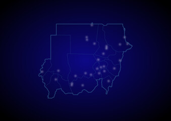 Sudan concept vector map with glowing cities, map of Sudan suitable for technology,innovation or internet concepts.