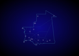 Mauritania concept vector map with glowing cities, map of Mauritania suitable for technology,innovation or internet concepts.