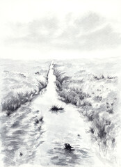 Straight stream between meadows. Watercolor on paper.