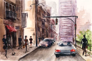 Selbstklebende Fototapeten Street scene. Watercolor on paper. © Pawel Burgiel