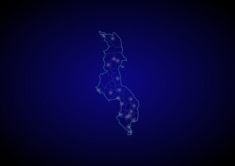 Malawi concept vector map with glowing cities, map of Malawi suitable for technology,innovation or internet concepts.