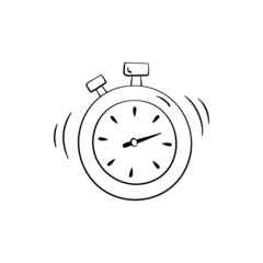 Stopwatch in doodle style, vector illustration. Timer icon for print and design. Clock symbol for sport and quiz game. Isolated element on a white background. Stopwatch outline sign hand drawn