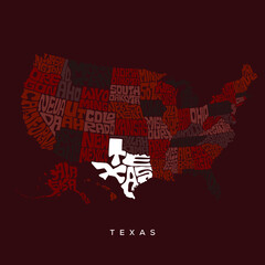 Texas Map typography. US map typography with all states name typography.