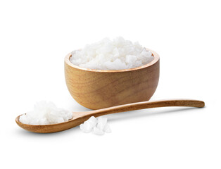 Fototapeta na wymiar Sea salt on wooden spoon and wooden bowl isolated on white background.