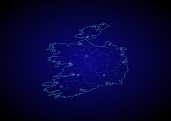 Ireland concept vector map with glowing cities, map of Ireland suitable for technology,innovation or internet concepts.