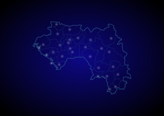 Guinea concept vector map with glowing cities, map of Guinea suitable for technology,innovation or internet concepts.
