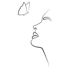 A woman's head with a composition in the form of a butterfly. Hand-drawn vector linear art illustration. Drawing in the style of one line.