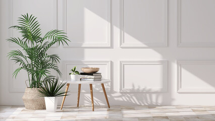 Realistic 3D render, beautiful green houseplants corner in white high ceiling living room with classic gypsum wall moulding frame panel, wooden parquet floor. Background, Mock up, Template, Overlay. - obrazy, fototapety, plakaty