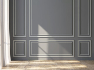 Realistic 3D render, blank empty gray wall high ceiling with classic gypsum wall moulding frame panel, wooden parquet floor. Sunlight. Background for household products overlay, Back drop, Template.