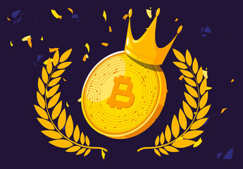 Vector illustration of a bitcoin gold coin with a golden crown and a golden wreath of the winner, btc cryptocurrency