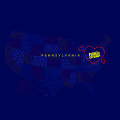 Pennsylvania Map lettering with red heart. US states names map typography.