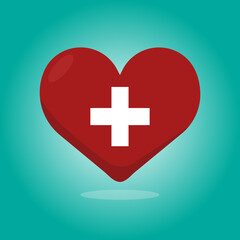 Red heart with cross on green background. Vector illustration.