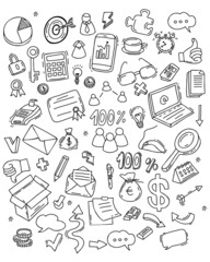 Big vector set of business icons. Isolated linear hand drawn doodles of finance and office work, money and technology, infographics and hand gestures, envelope and arrow. Vector illustration.