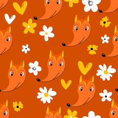 Seamless pattern with cute fox face on color floral background. Vector flat animals colorful illustration for kids. Adorable cartoon character. Design for textures, card, poster, fabric, textile