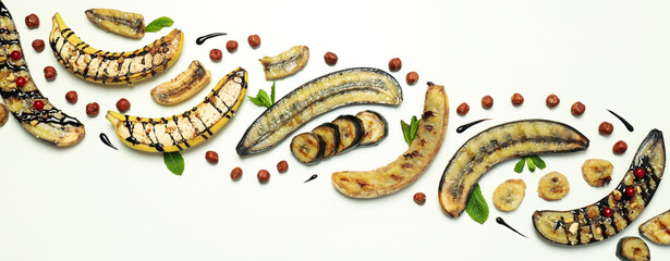 Banana and grilled banana dessert on white background, top view