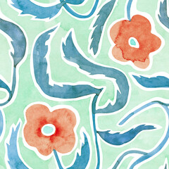 Floral seamless watercolor pattern in a minimalistic style. Hand drawn background with simple flowers