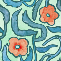 Floral seamless watercolor pattern in a minimalistic style. Hand drawn background with simple flowers - 500183397