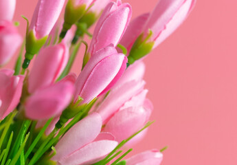 Artificial pink flowers on a pink background.