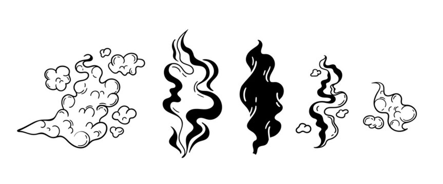Hand drawn smokes isolated clip art bundle on white background, smoke vector set
