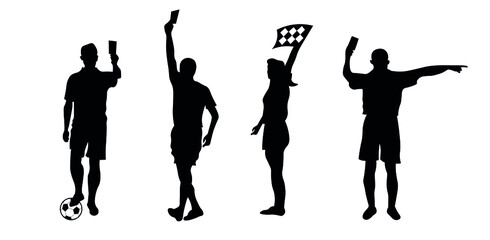 Set of football, soccer arbitrator silhouettes. Black, men and women in motion, showing different gestures.