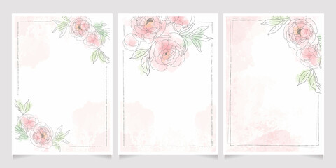 pink loose watercolor line art peony flower bouquet frame 5x7 invitation card wash splash background template collection