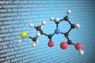 Captopril scientific molecular model, 3D rendering