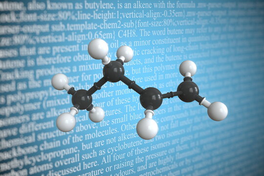 Butene scientific molecular model, 3D rendering