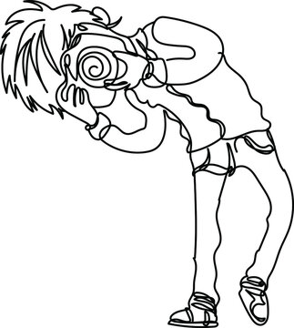 Continuous one line drawing of stylish boy taking photographs in his camera in different angles, line art vector illustration silhouette of young photographer logo