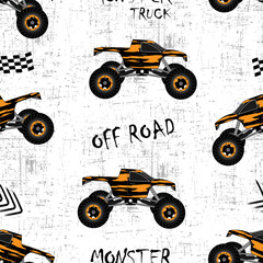 monster track pattern. crazy cars black and orange on gray grunge