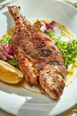 Baked dorado with salad and dressing in a white plate. Hard light. Selective focus.
