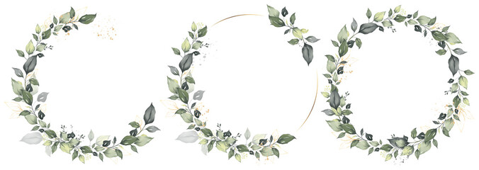 Leaf watercolor wreath template set branch and gold texture vector design for invitation, greeting card
