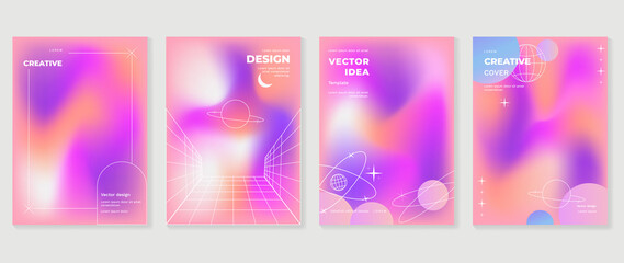 Abstract pink and purple gradient fluid liquid cover template. Set of modern poster with vibrant graphic color, hologram, line. Minimal style design for flyer, brochure, background, wallpaper, ads