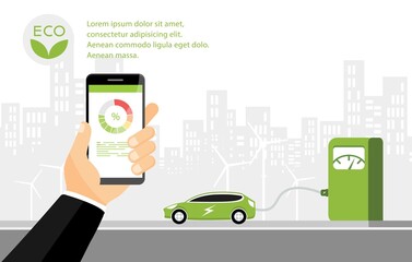 Hand holding smartphone eit EV Car Or Electric Car At Charging Station. Concept For Green Environment.