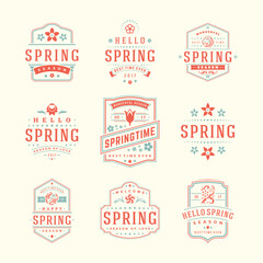 Spring typographic badges design set vector vintage labels and decoration elements good for greeting cards and banners.