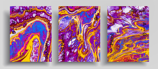 Abstract liquid placard, fluid art vector texture set. Artistic background that applicable for design cover, poster, brochure and etc. Colorful universal trendy painting backdrop.